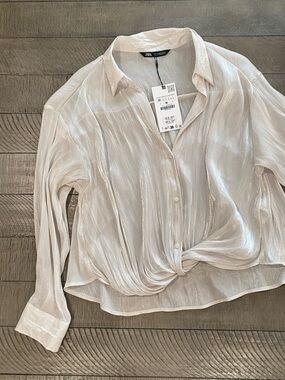 Zara Pearl Cream Metallic Button-Down Blouse